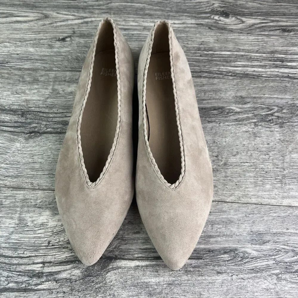Eileen Fisher Posy Ballet Flats Suede Tan Pointed Toe Scalloped Women’s Size 11